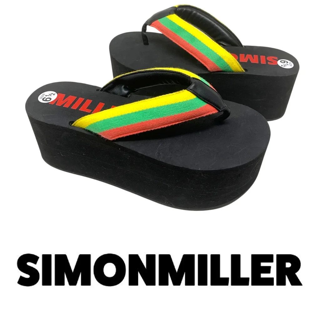 Simon Miller FOAMI Platform Sandals Black/Multi Stripe Thong Size 6.5 EU 36 NEW